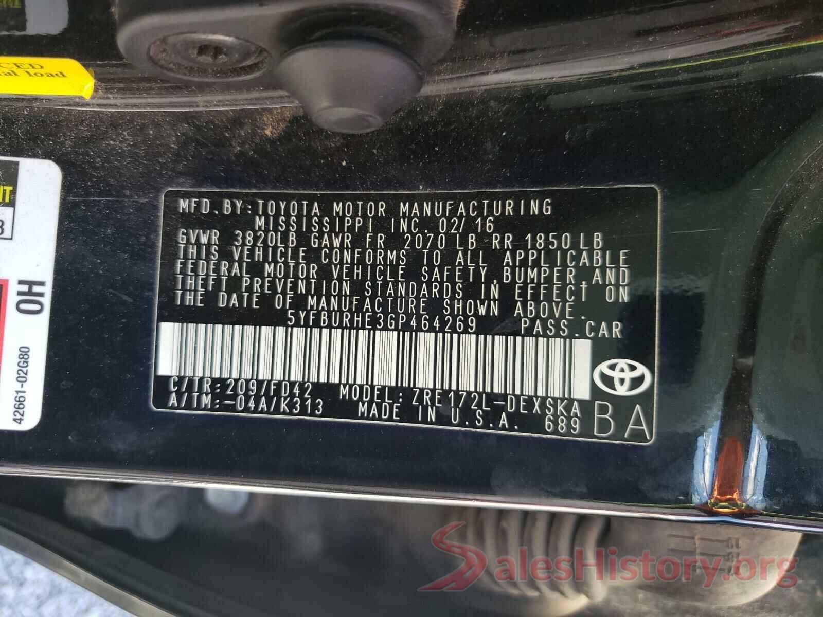 5YFBURHE3GP464269 2016 TOYOTA COROLLA