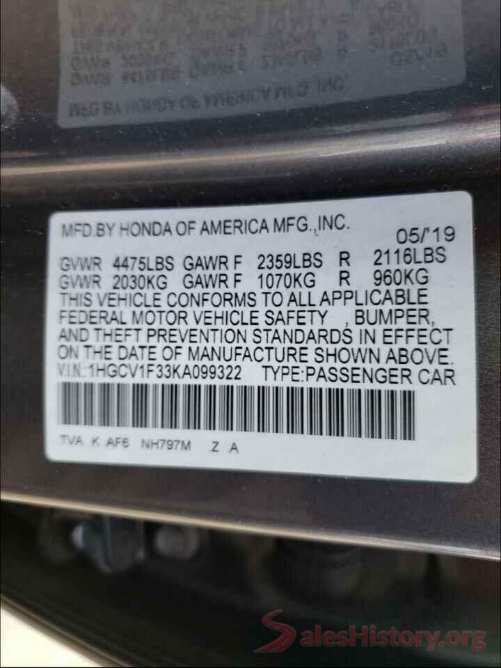 1HGCV1F33KA099322 2019 HONDA ACCORD