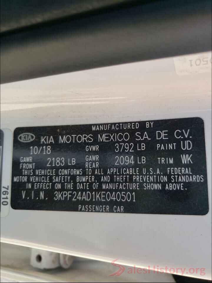 3KPF24AD1KE040501 2019 KIA FORTE