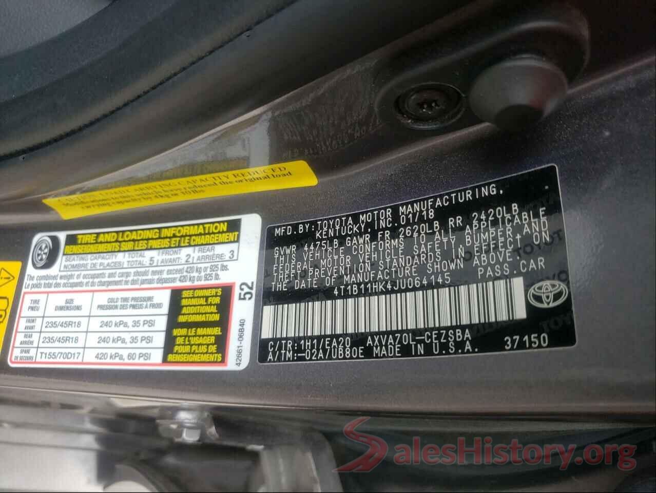 4T1B11HK4JU064145 2018 TOYOTA CAMRY