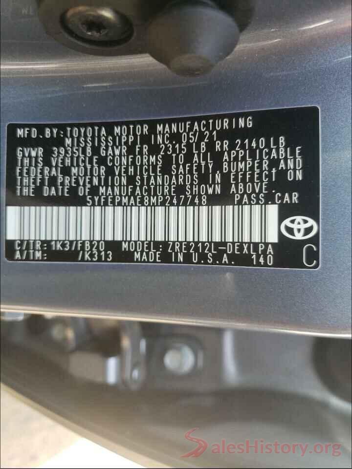 5YFEPMAE8MP247748 2021 TOYOTA COROLLA