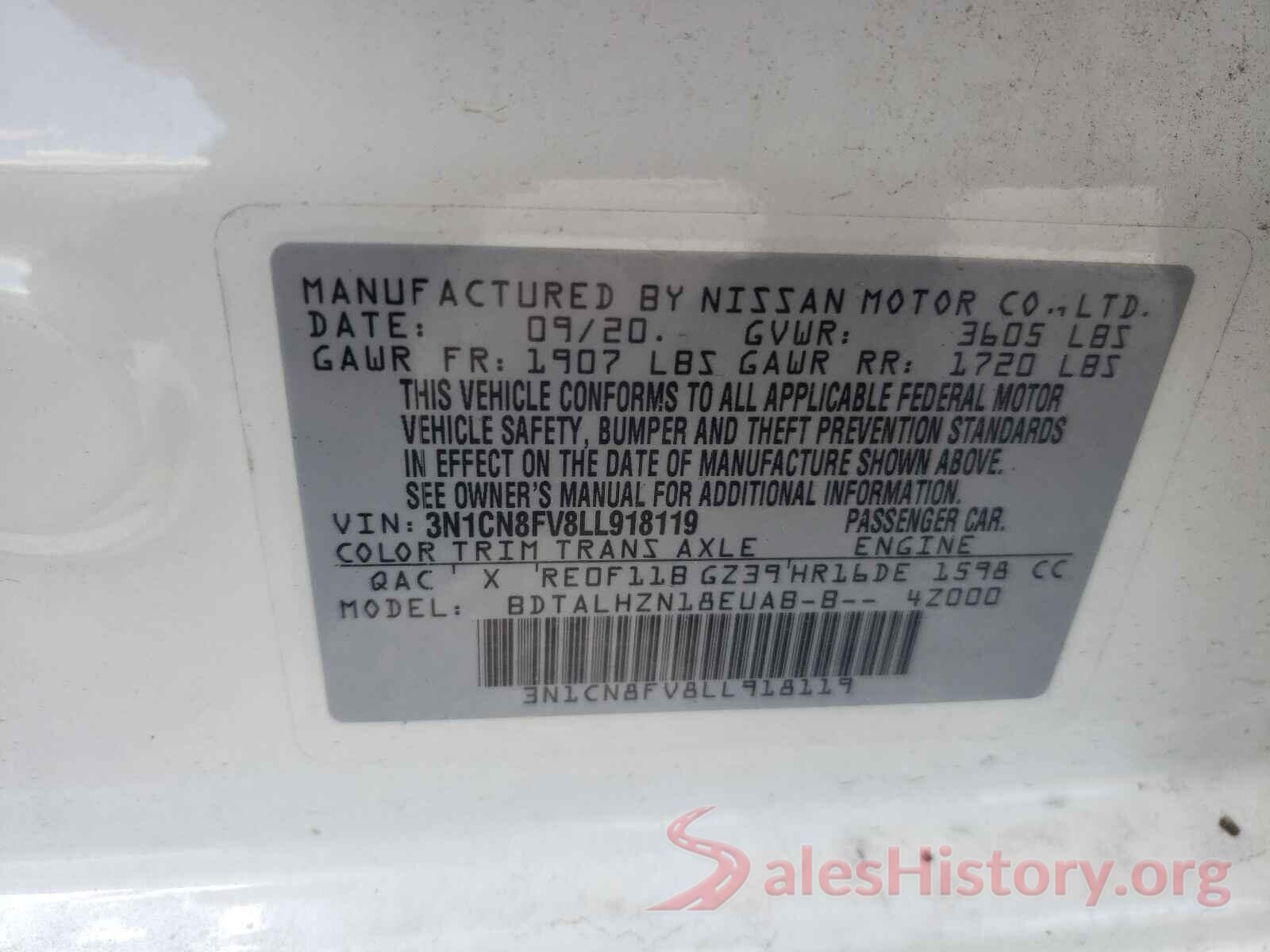 3N1CN8FV8LL918119 2020 NISSAN VERSA