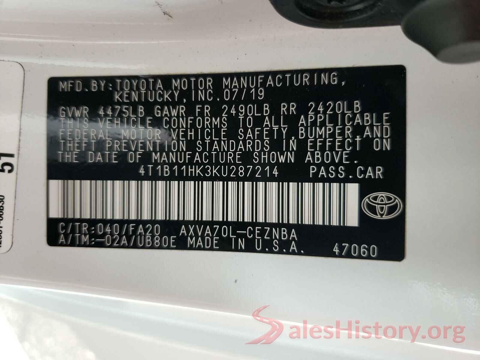 4T1B11HK3KU287214 2019 TOYOTA CAMRY