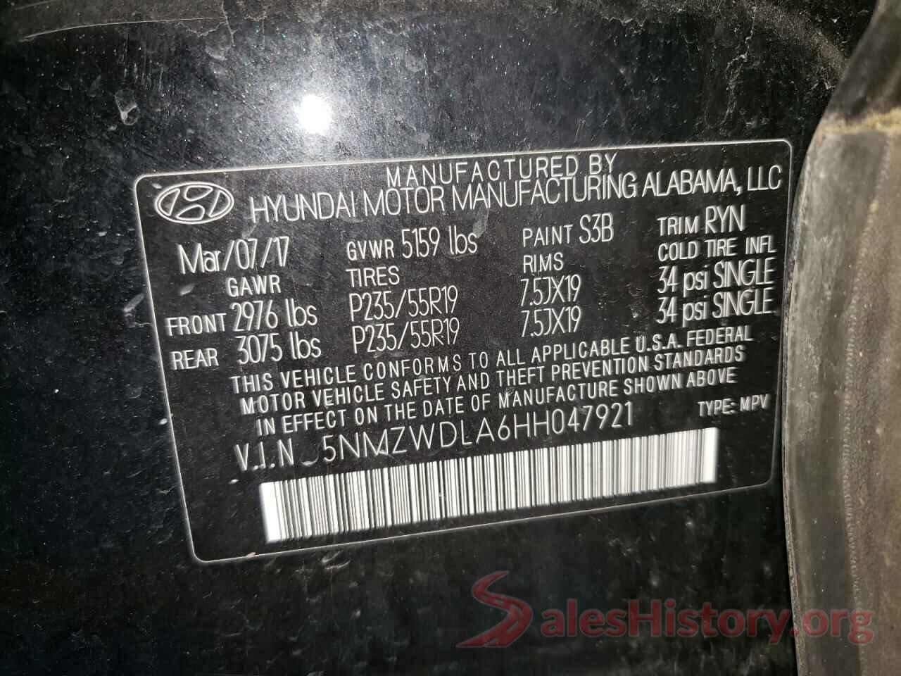 5NMZWDLA6HH047921 2017 HYUNDAI SANTA FE