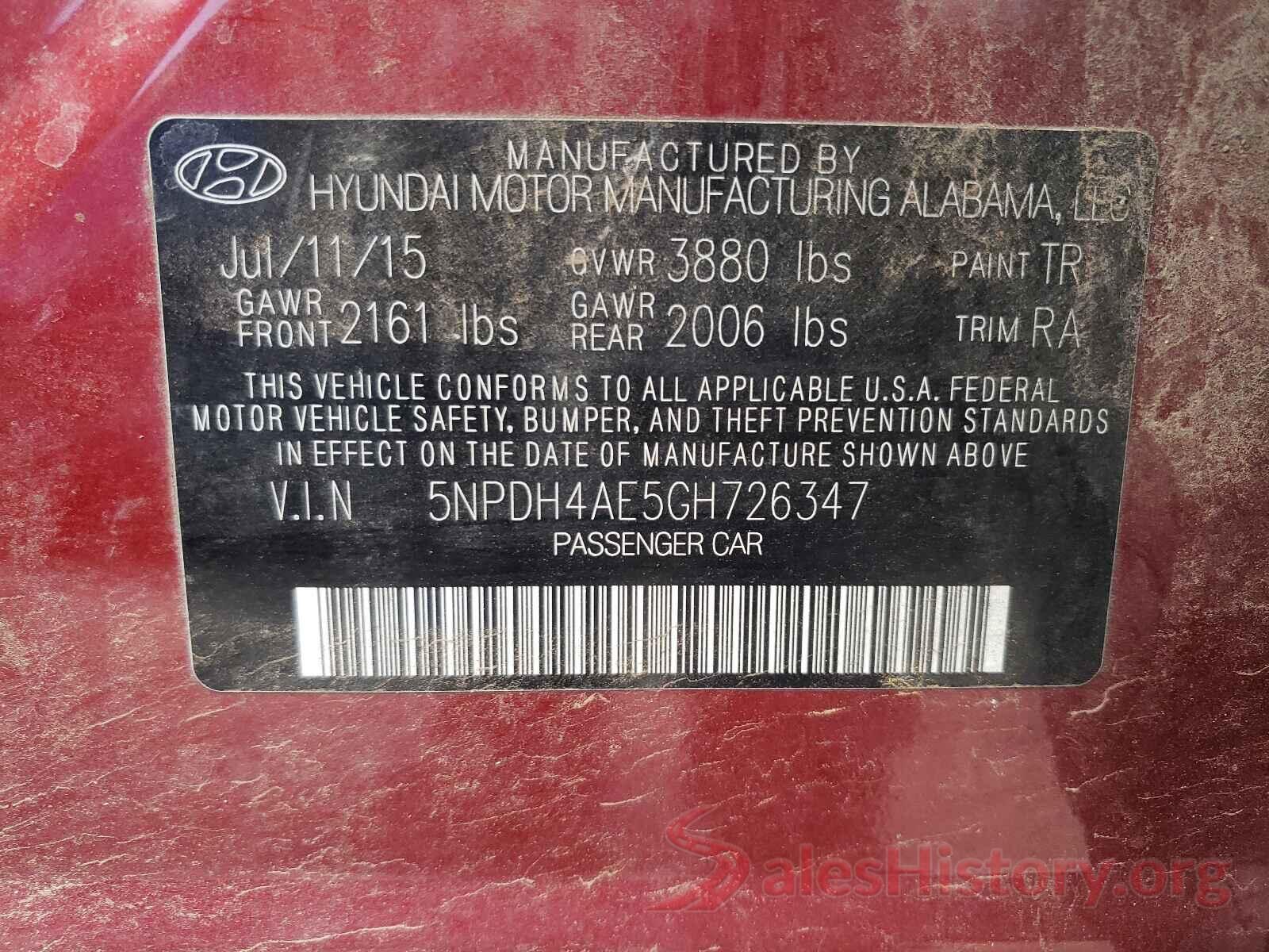 5NPDH4AE5GH726347 2016 HYUNDAI ELANTRA