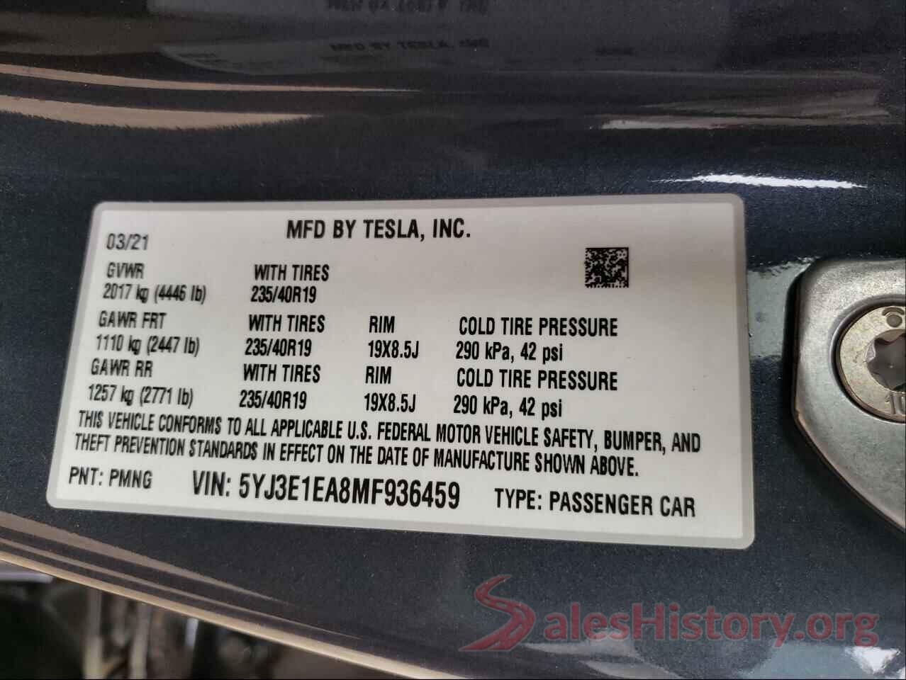 5YJ3E1EA8MF936459 2021 TESLA MODEL 3