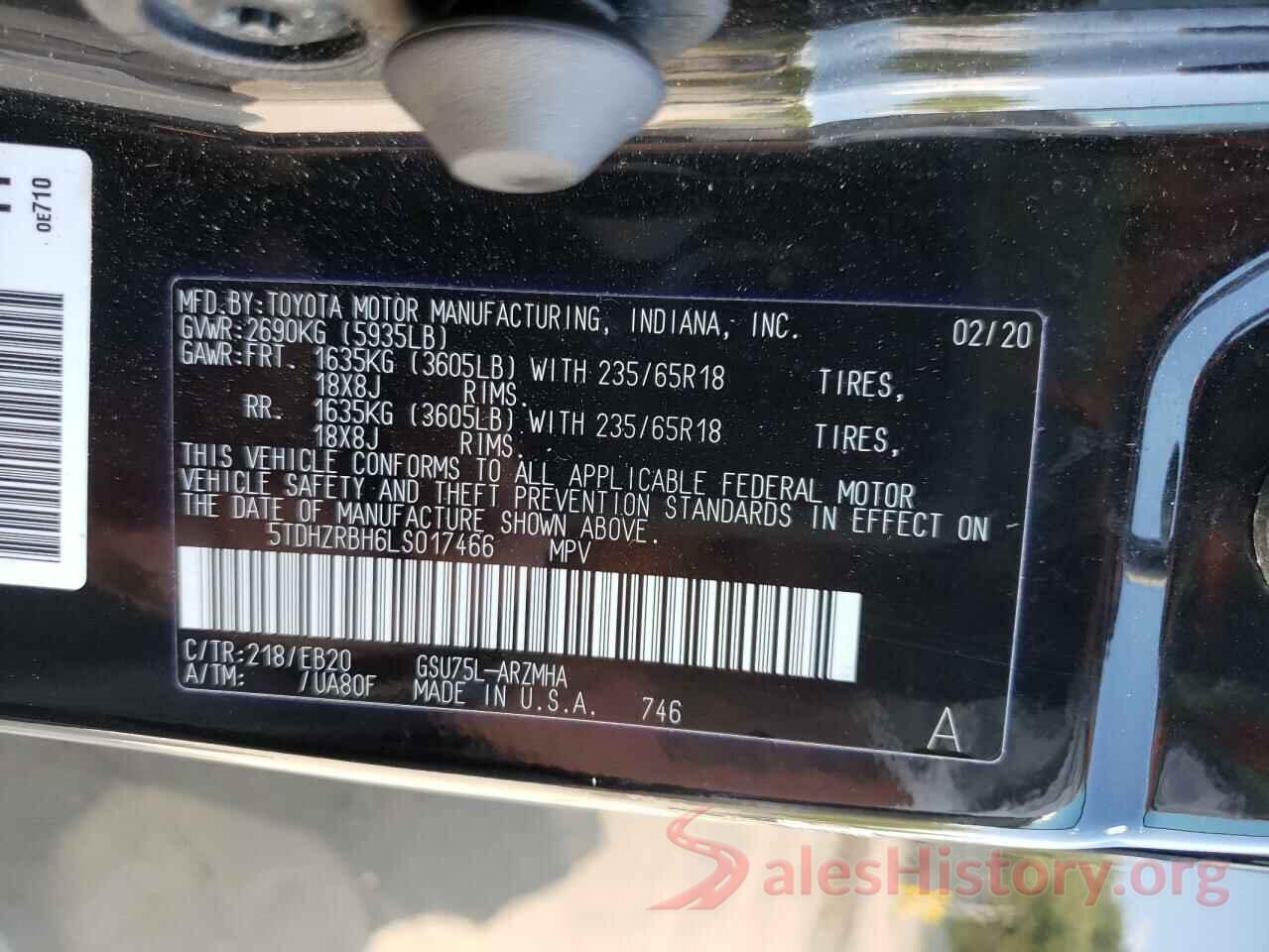 5TDHZRBH6LS017466 2020 TOYOTA HIGHLANDER