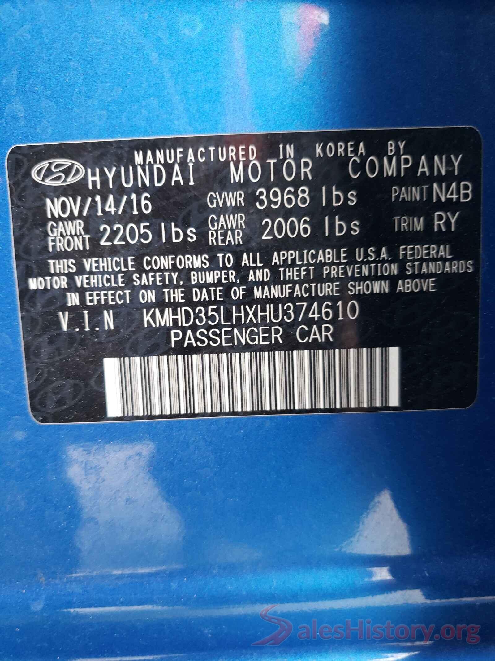 KMHD35LHXHU374610 2017 HYUNDAI ELANTRA