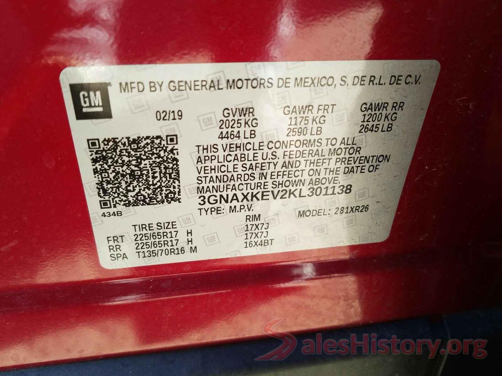 3GNAXKEV2KL301138 2019 CHEVROLET EQUINOX