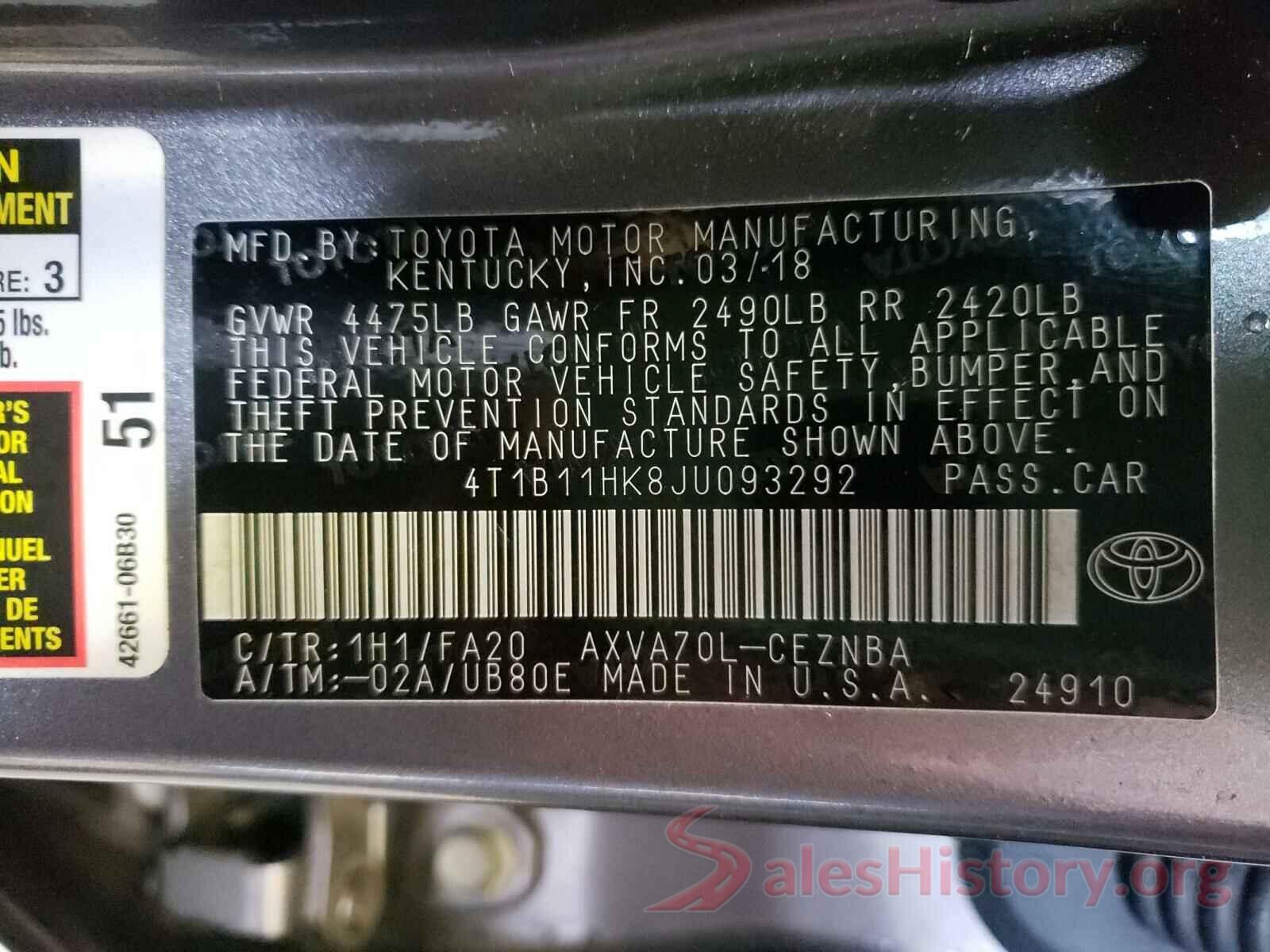 4T1B11HK8JU093292 2018 TOYOTA CAMRY