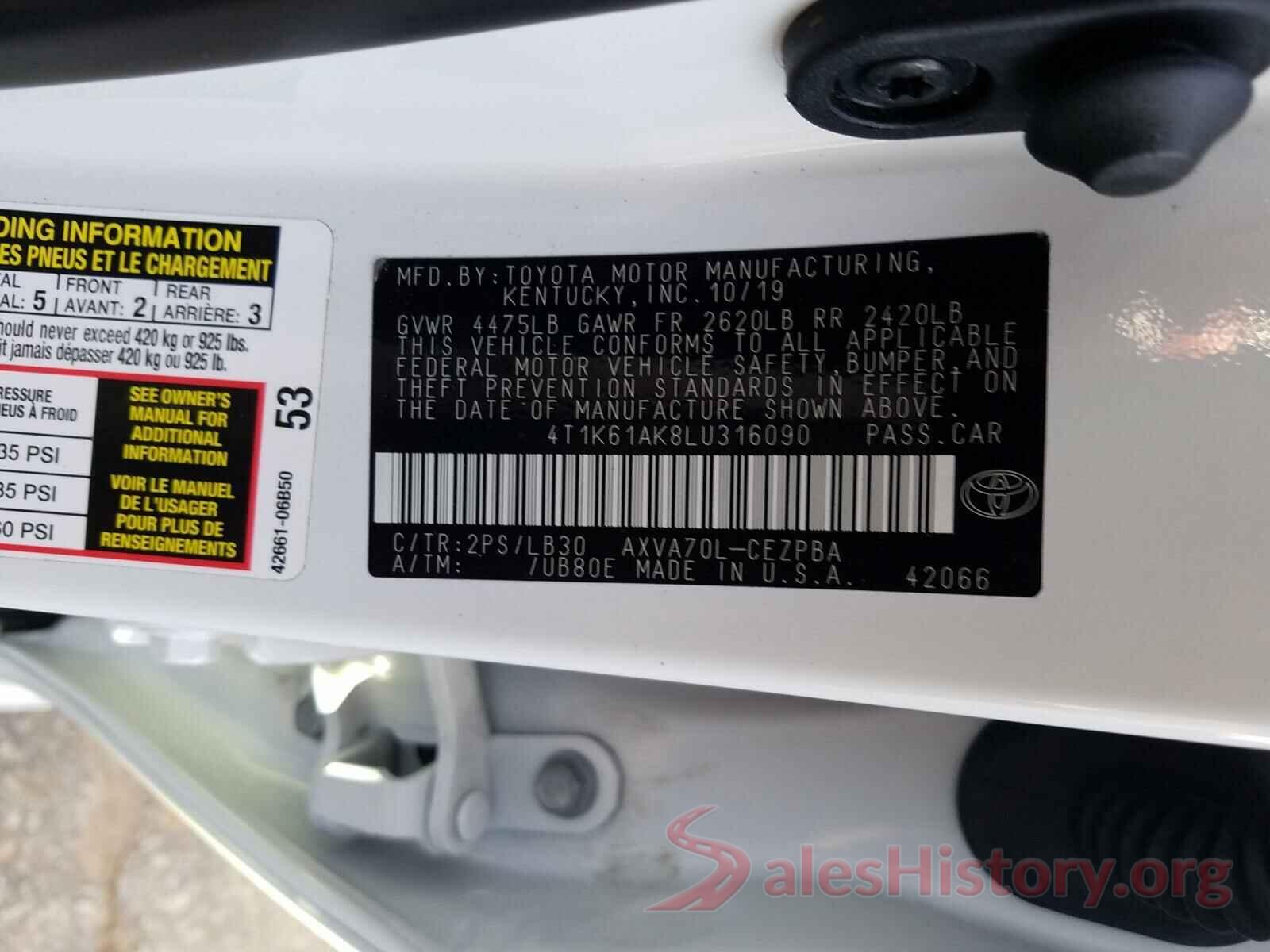 4T1K61AK8LU316090 2020 TOYOTA CAMRY