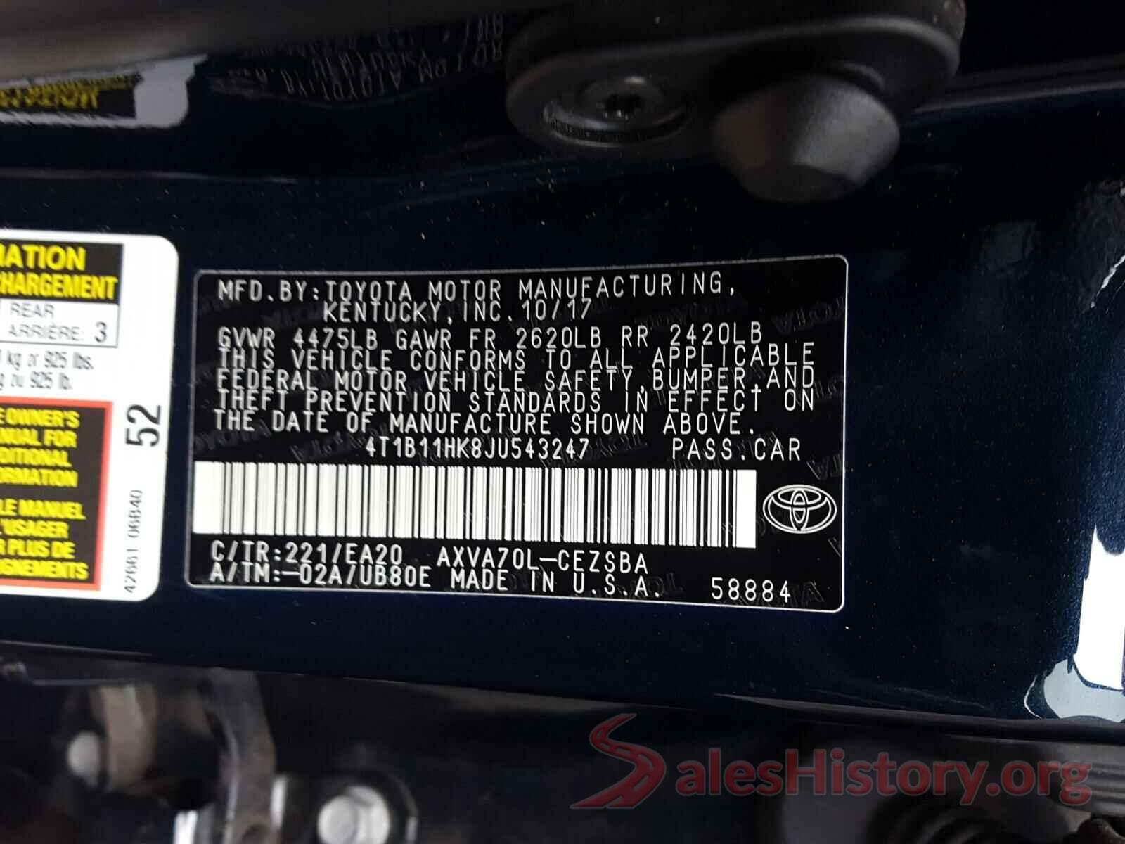 4T1B11HK8JU543247 2018 TOYOTA CAMRY