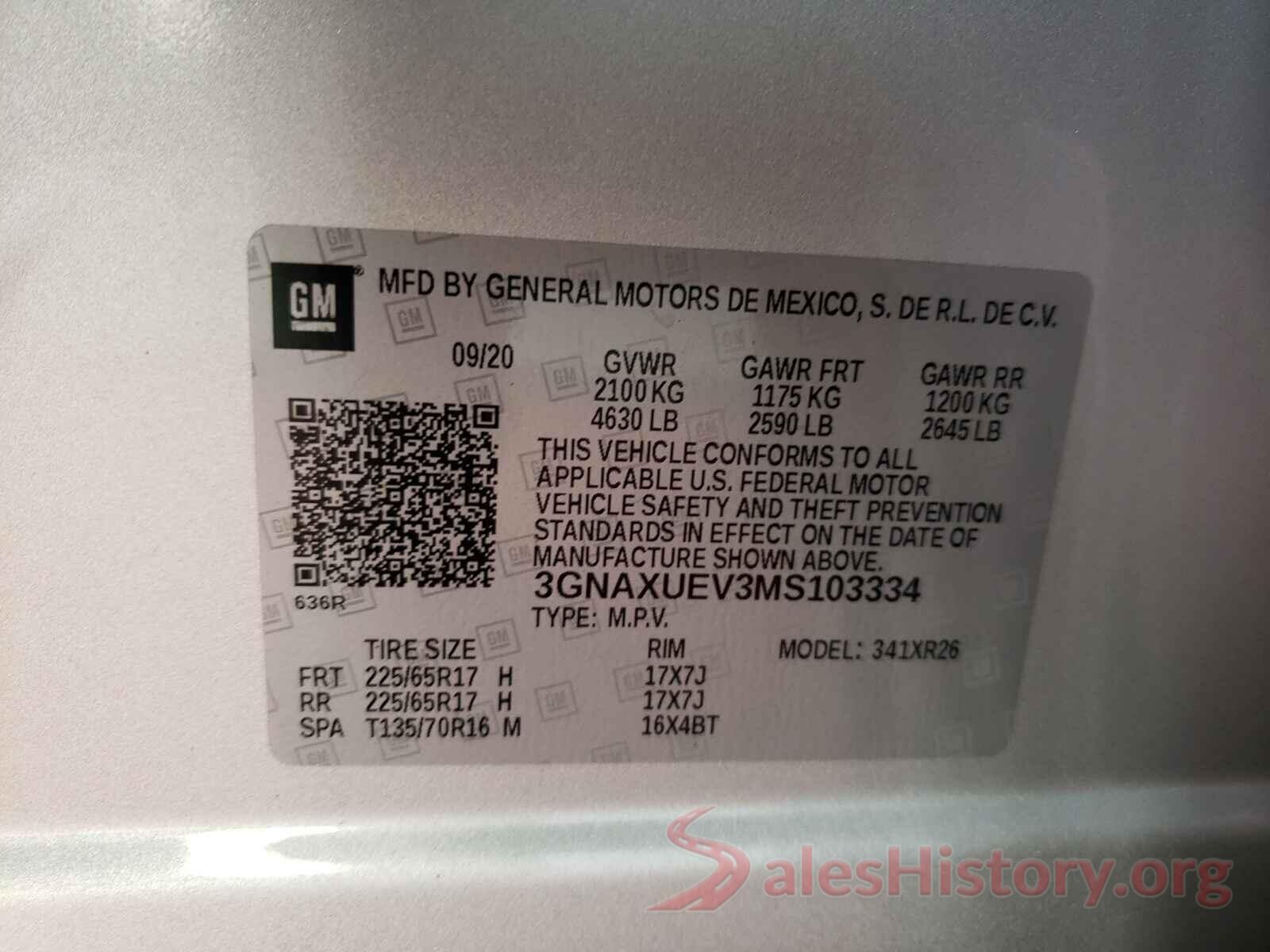 3GNAXUEV3MS103334 2021 CHEVROLET EQUINOX