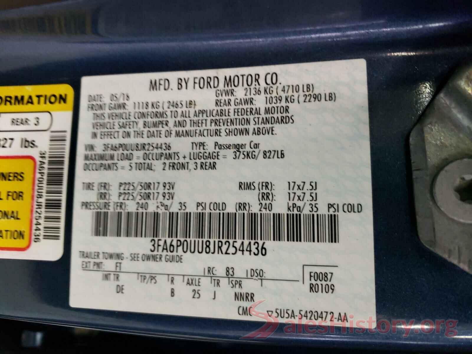 3FA6P0UU8JR254436 2018 FORD FUSION