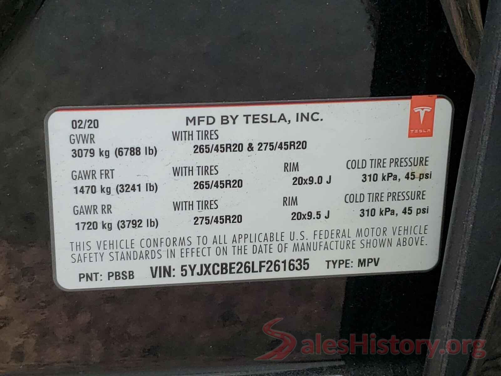 5YJXCBE26LF261635 2020 TESLA MODEL X