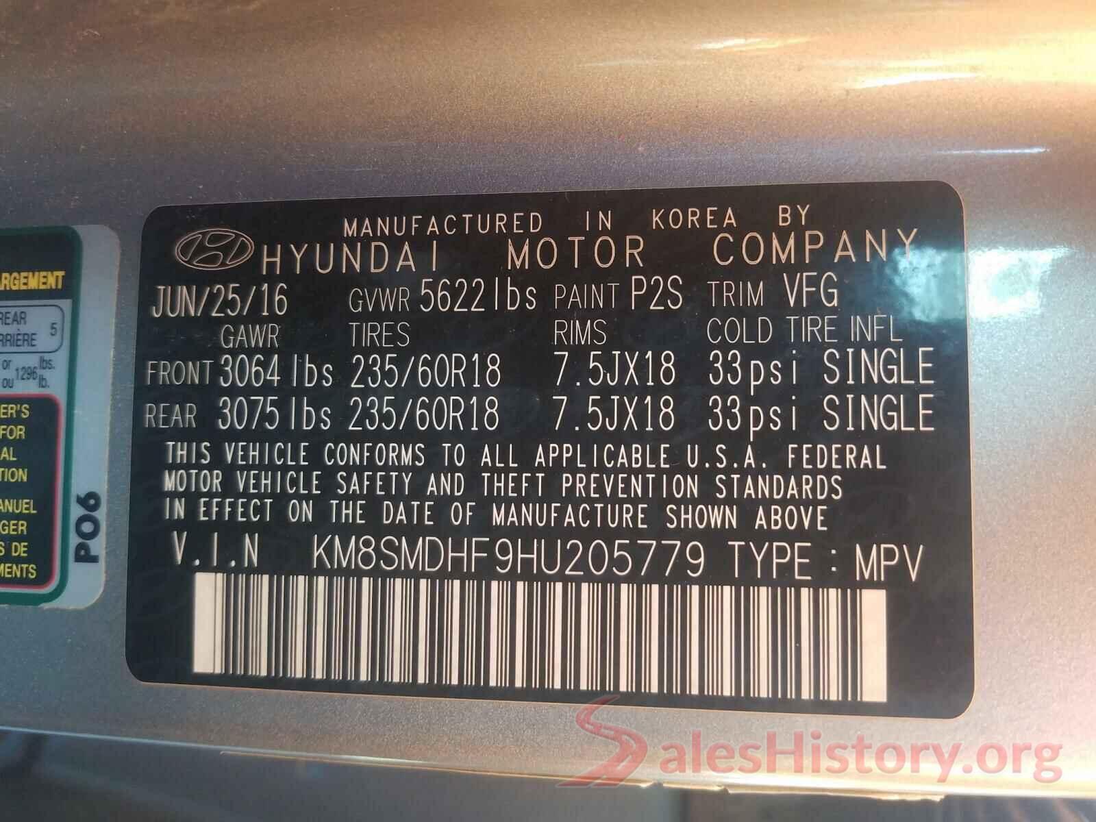 KM8SMDHF9HU205779 2017 HYUNDAI SANTA FE