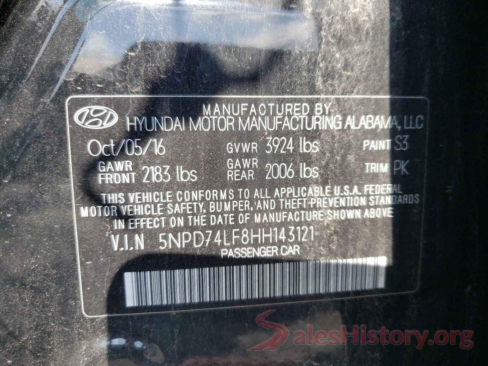 5NPD74LF8HH143121 2017 HYUNDAI ELANTRA