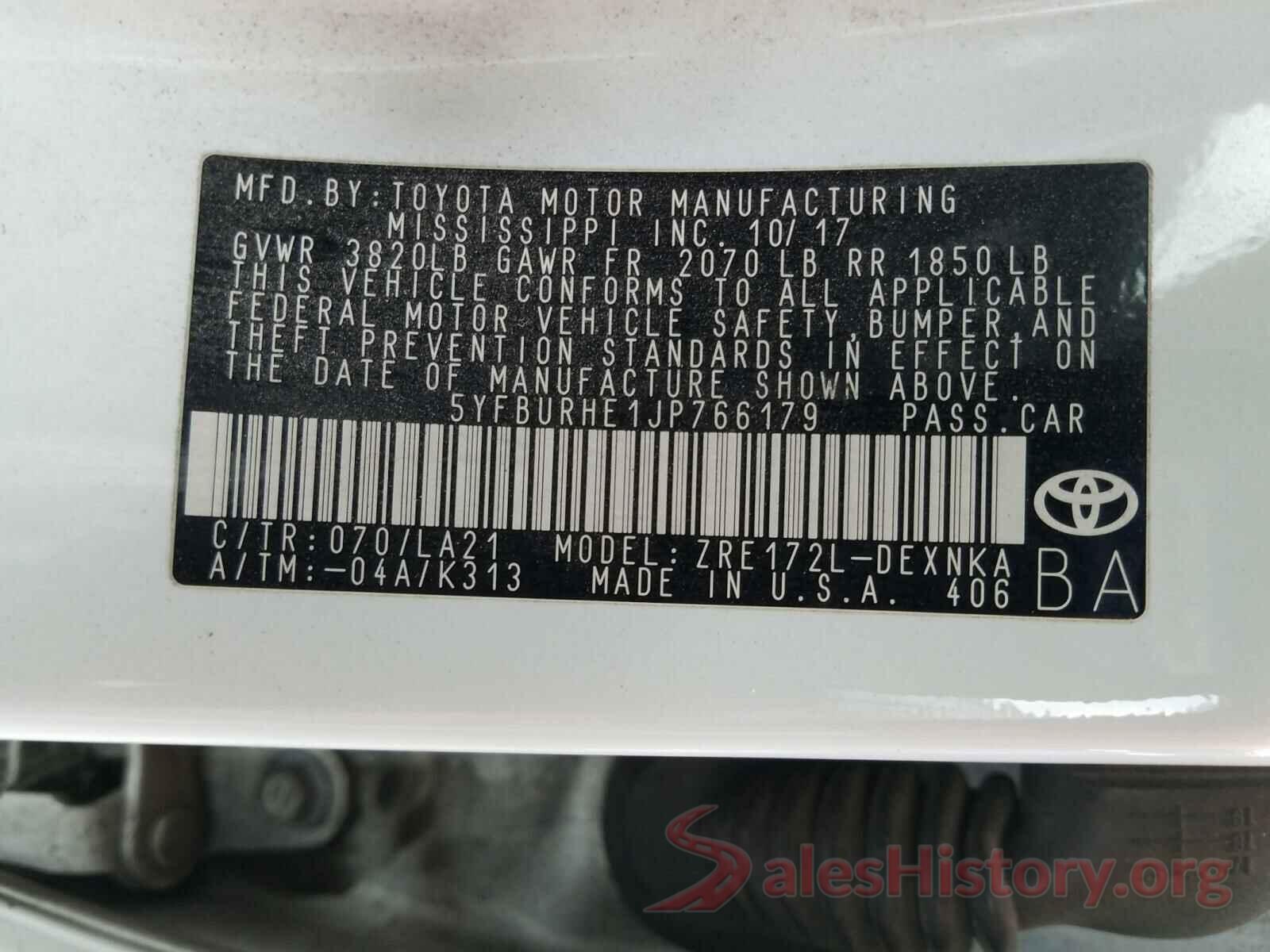 5YFBURHE1JP766179 2018 TOYOTA COROLLA