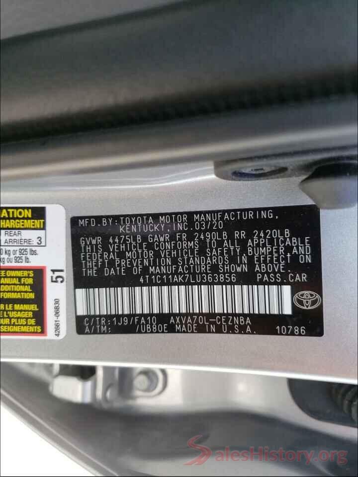 4T1C11AK7LU363856 2020 TOYOTA CAMRY