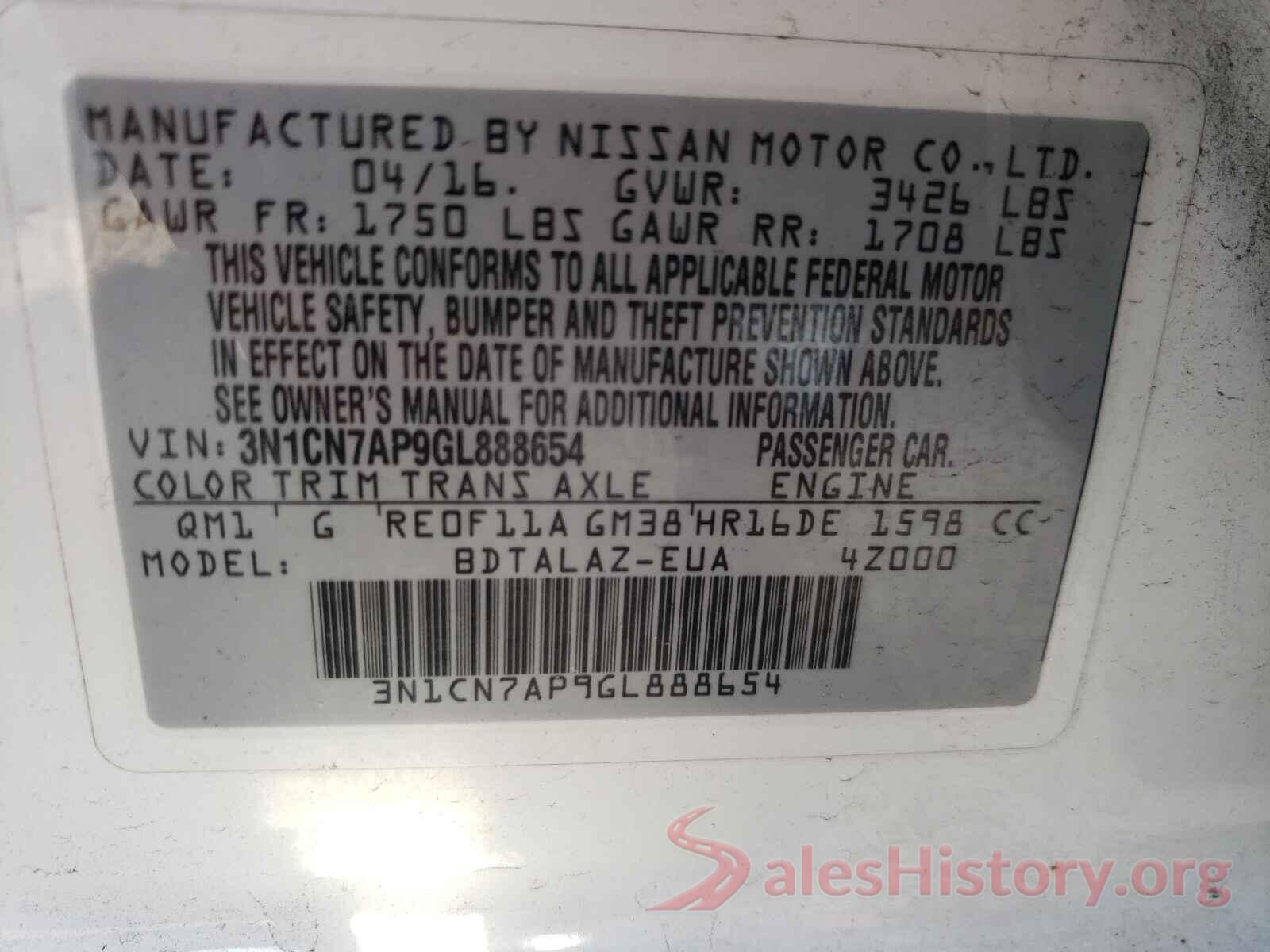 3N1CN7AP9GL888654 2016 NISSAN VERSA