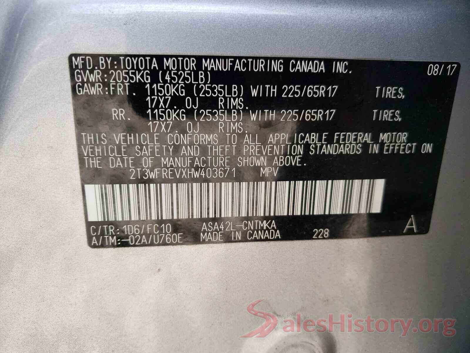 2T3WFREVXHW403671 2017 TOYOTA RAV4