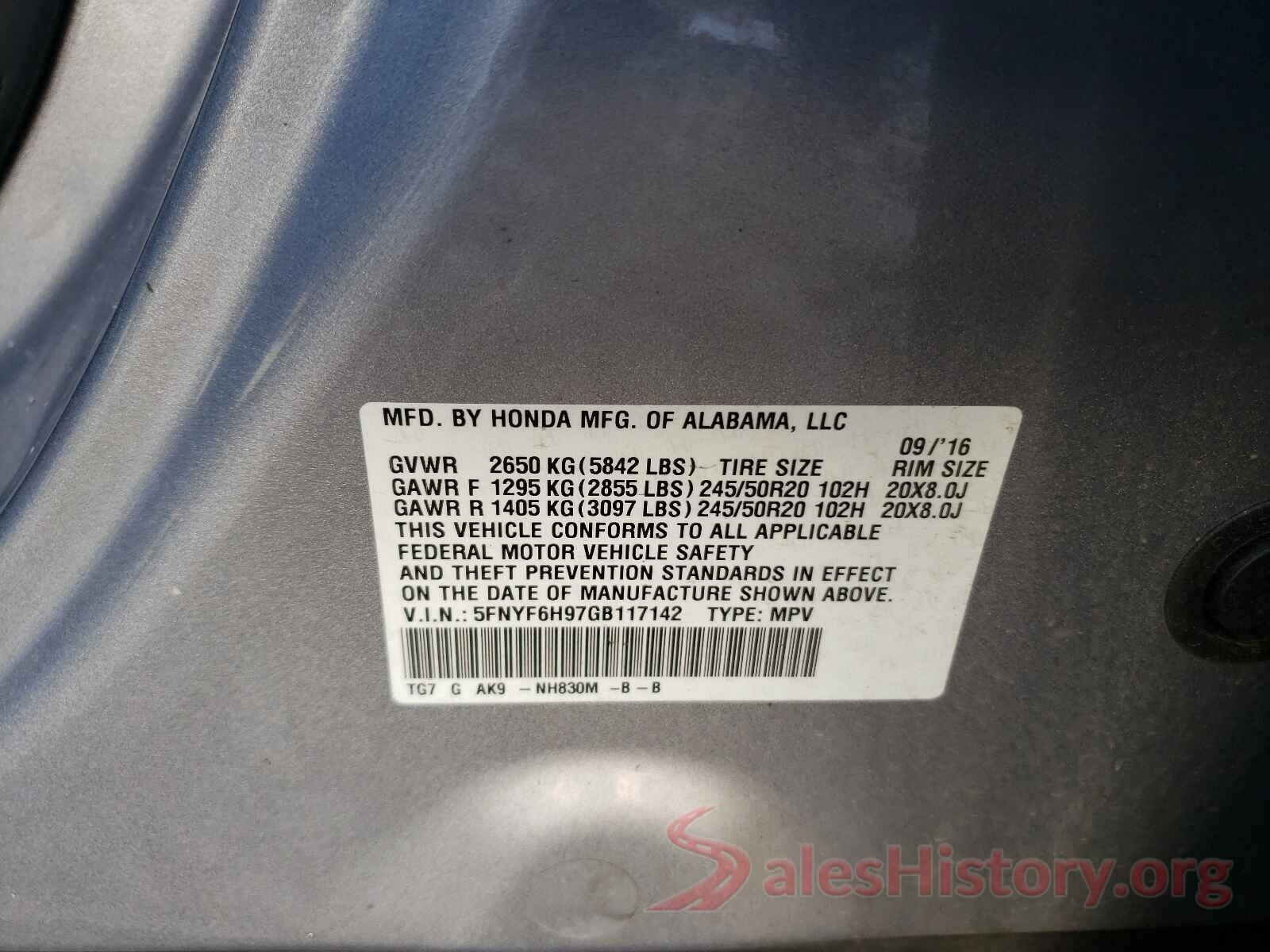 5FNYF6H97GB117142 2016 HONDA PILOT