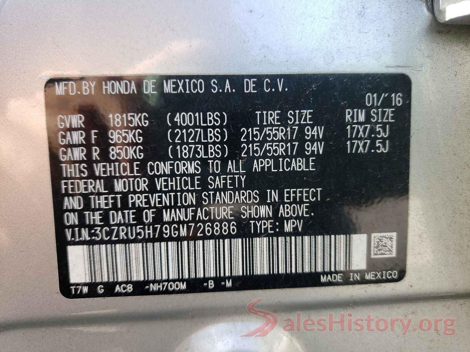 3CZRU5H79GM726886 2016 HONDA HR-V