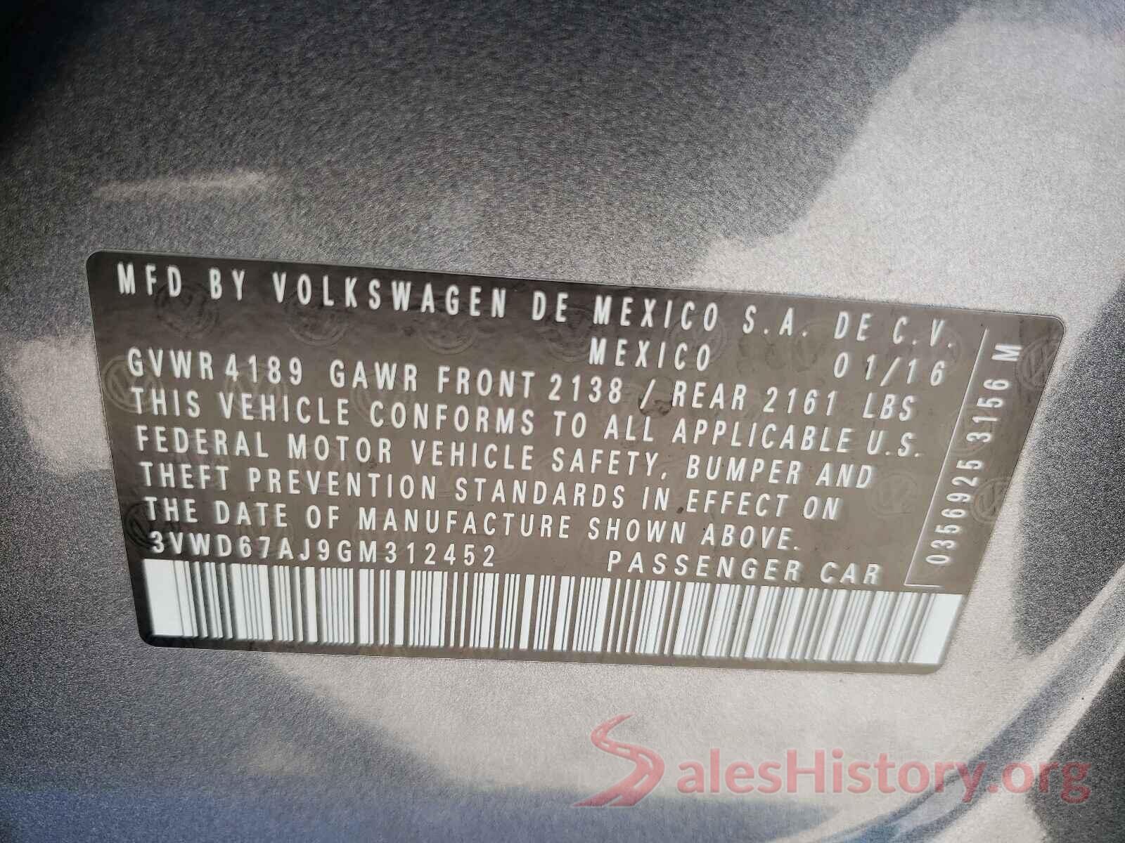 3VWD67AJ9GM312452 2016 VOLKSWAGEN JETTA