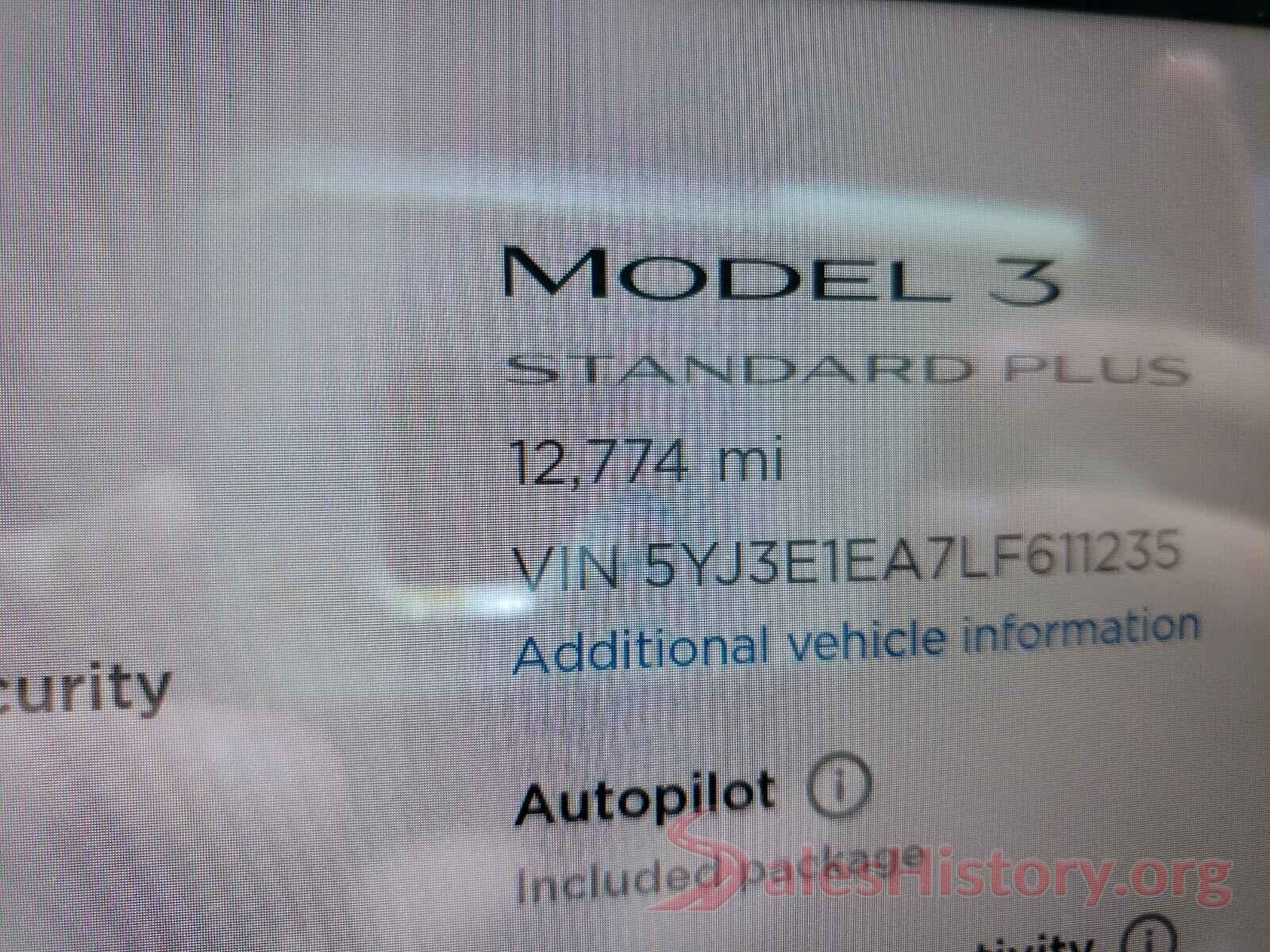 5YJ3E1EA7LF611235 2020 TESLA MODEL 3