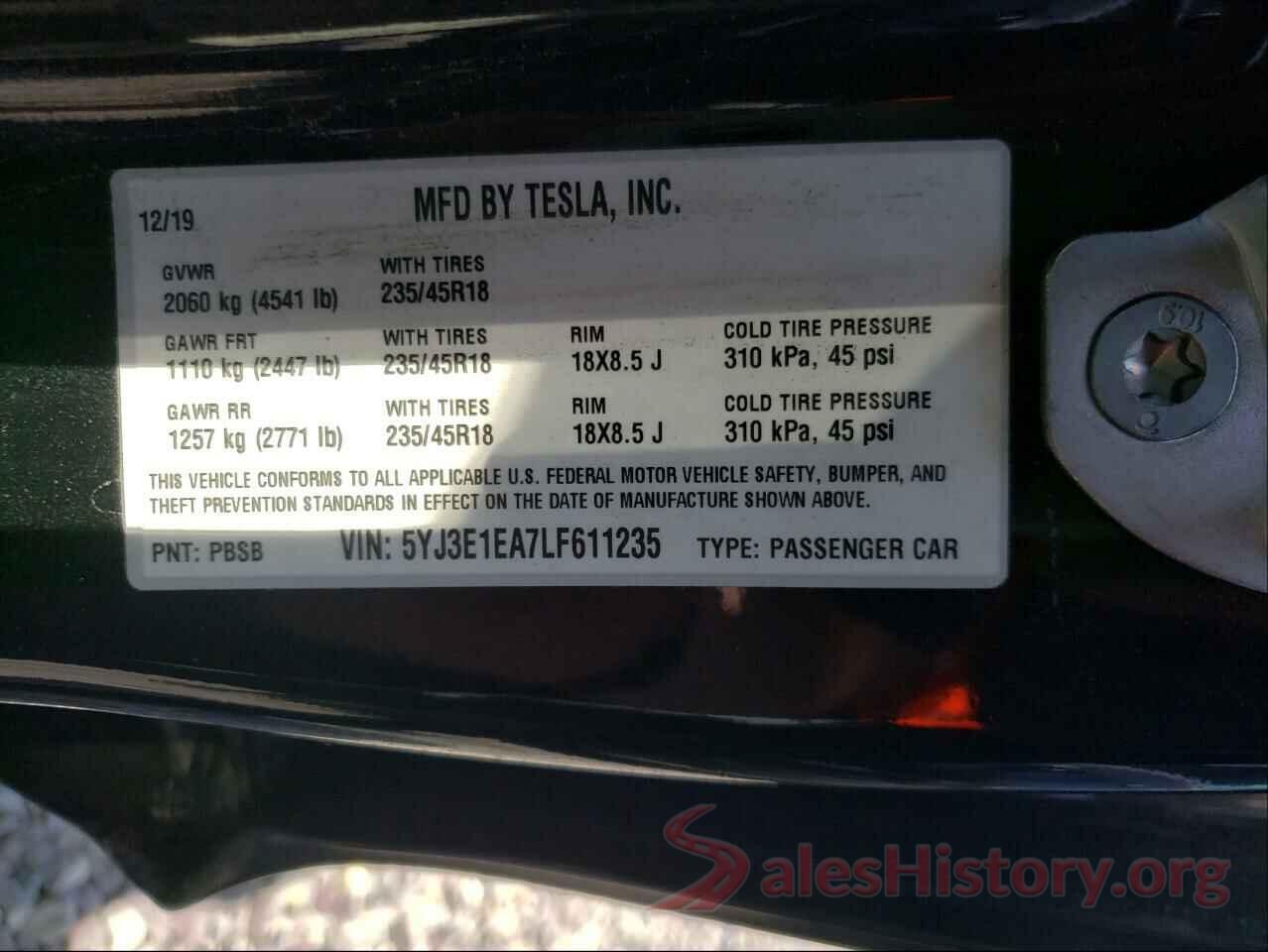 5YJ3E1EA7LF611235 2020 TESLA MODEL 3