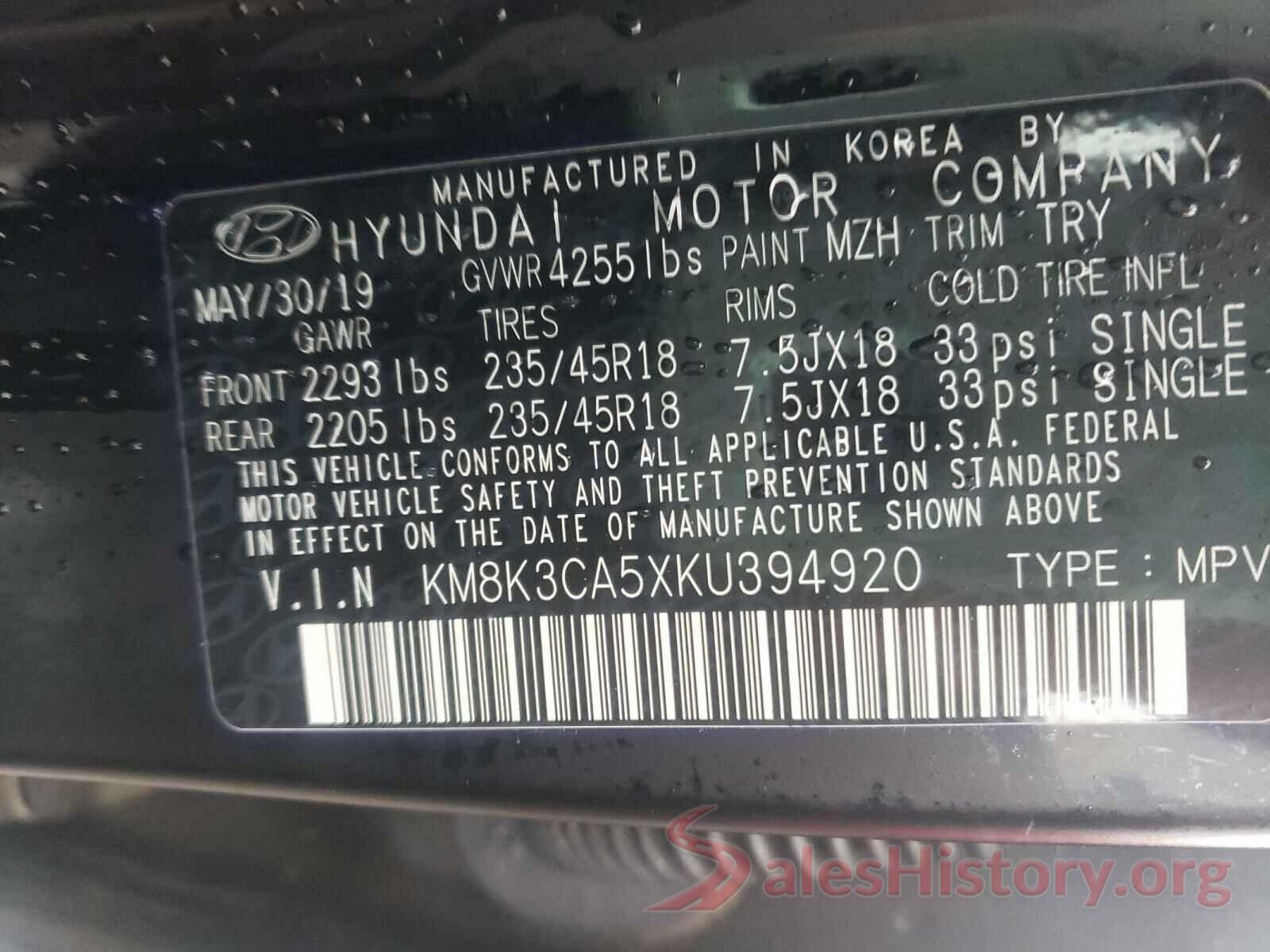 KM8K3CA5XKU394920 2019 HYUNDAI KONA