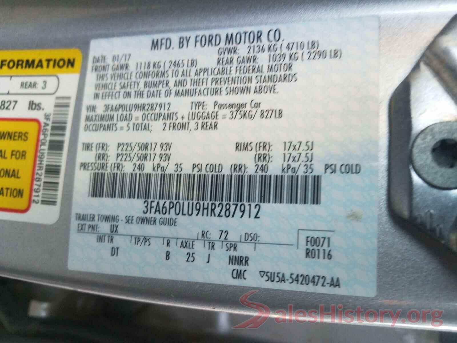 3FA6P0LU9HR287912 2017 FORD FUSION