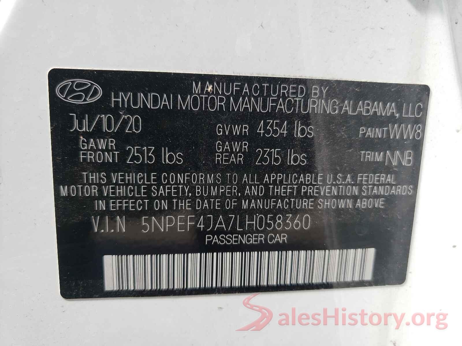 5NPEF4JA7LH058360 2020 HYUNDAI SONATA