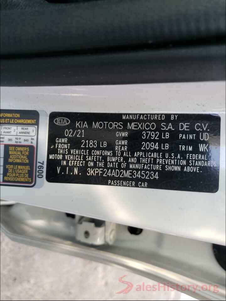 3KPF24AD2ME345234 2021 KIA FORTE