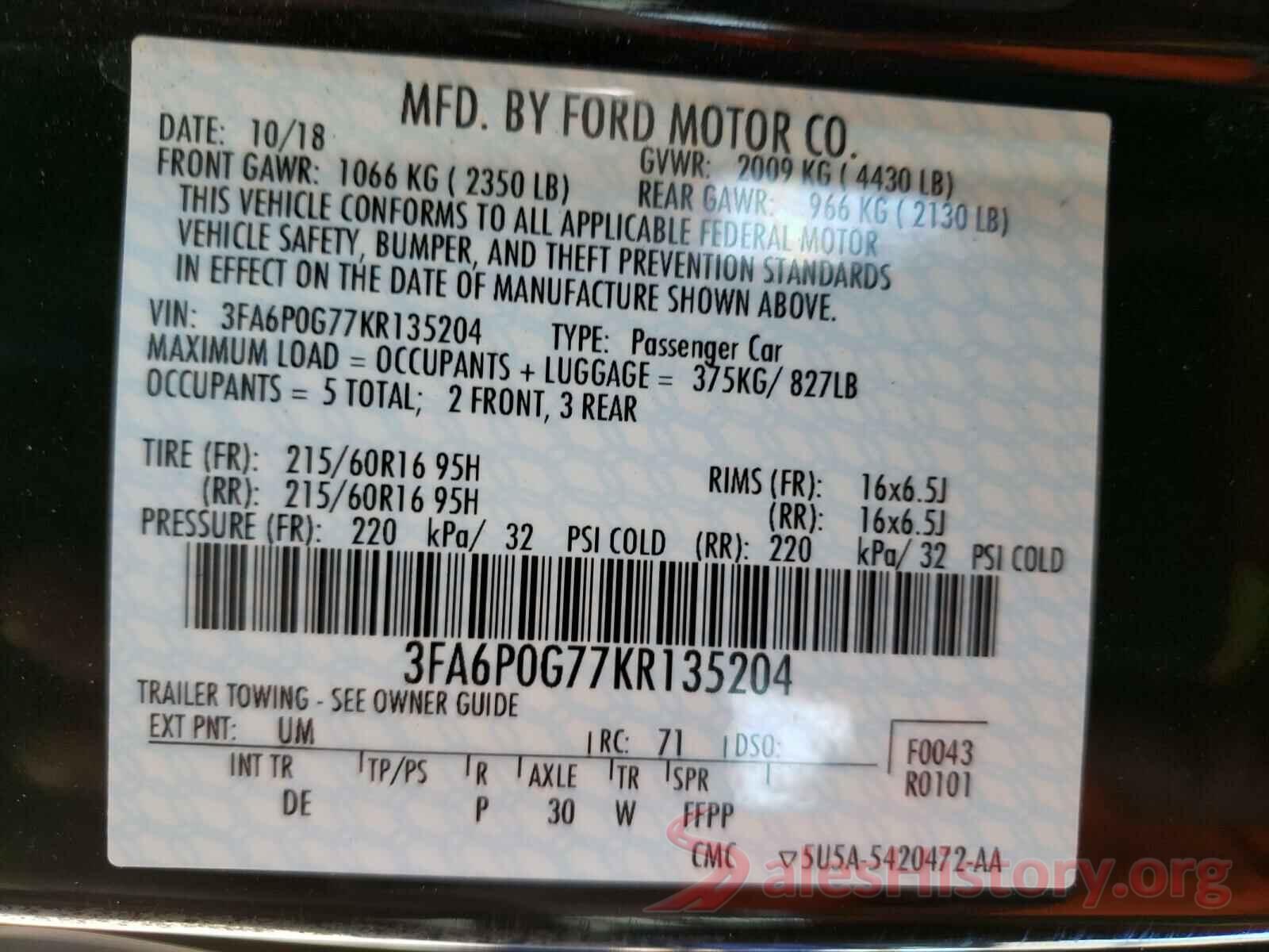 3FA6P0G77KR135204 2019 FORD FUSION