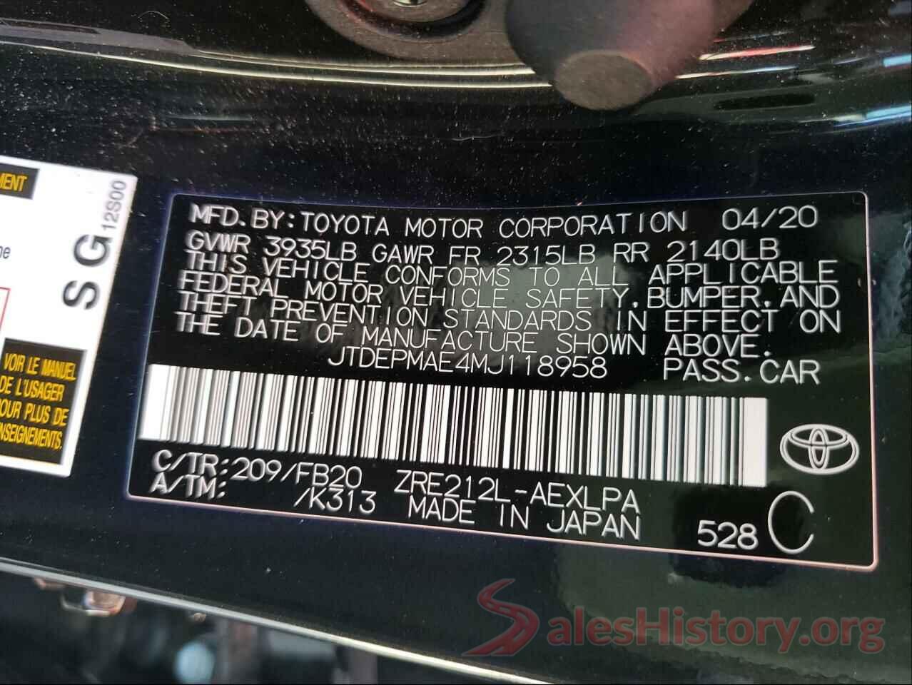 JTDEPMAE4MJ118958 2021 TOYOTA COROLLA