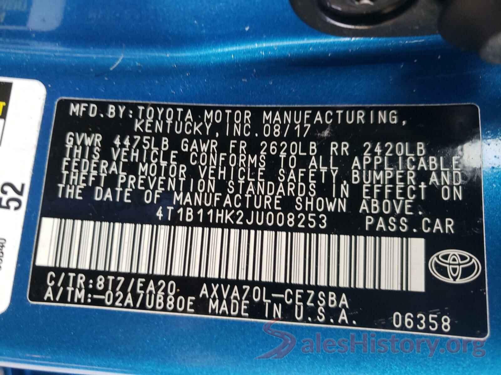 4T1B11HK2JU008253 2018 TOYOTA CAMRY