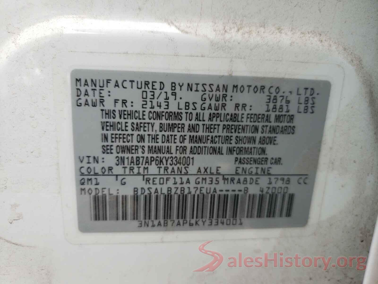 3N1AB7AP6KY334001 2019 NISSAN SENTRA