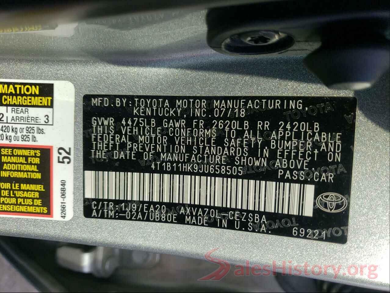 4T1B11HK9JU658505 2018 TOYOTA CAMRY