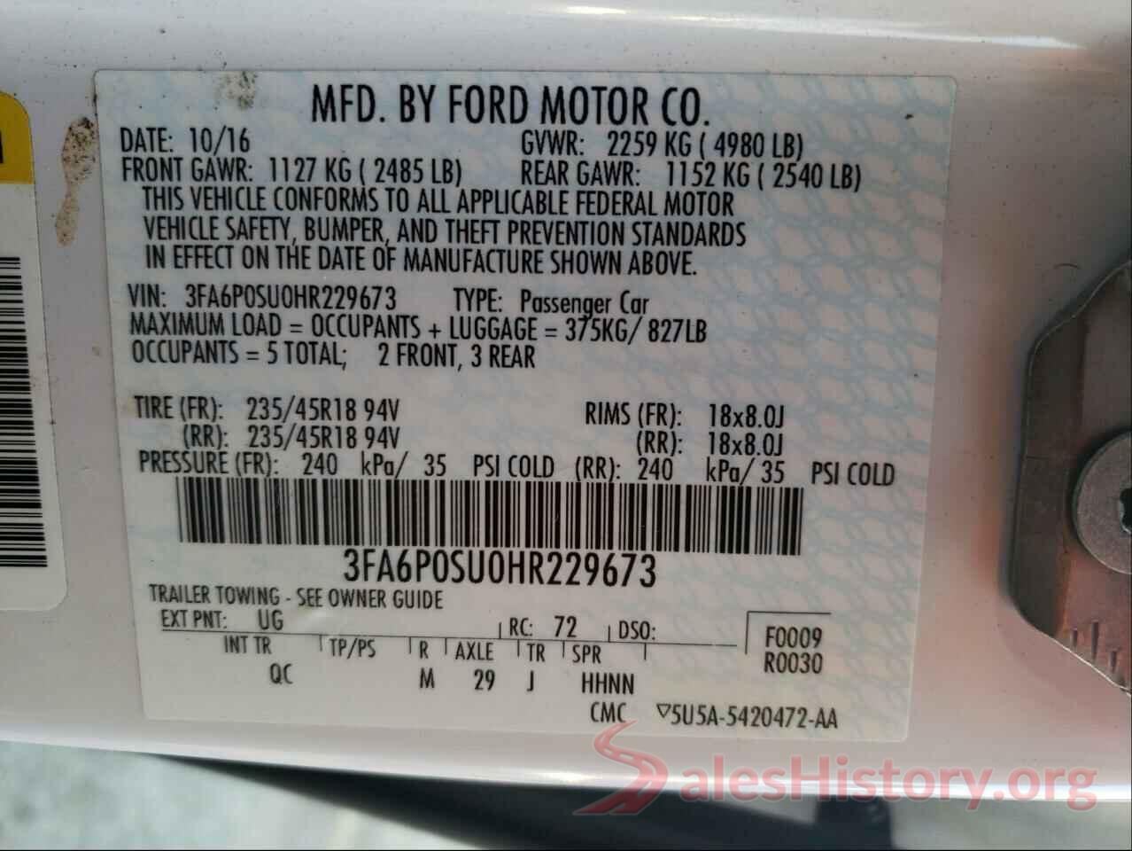 3FA6P0SU0HR229673 2017 FORD FUSION