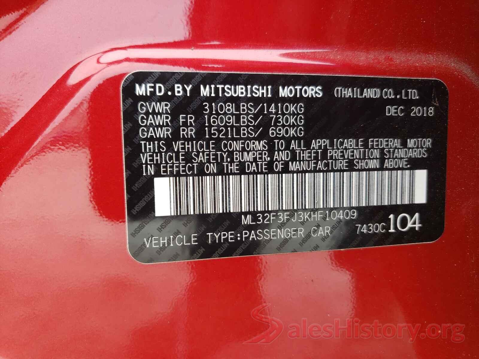 ML32F3FJ3KHF10409 2019 MITSUBISHI MIRAGE