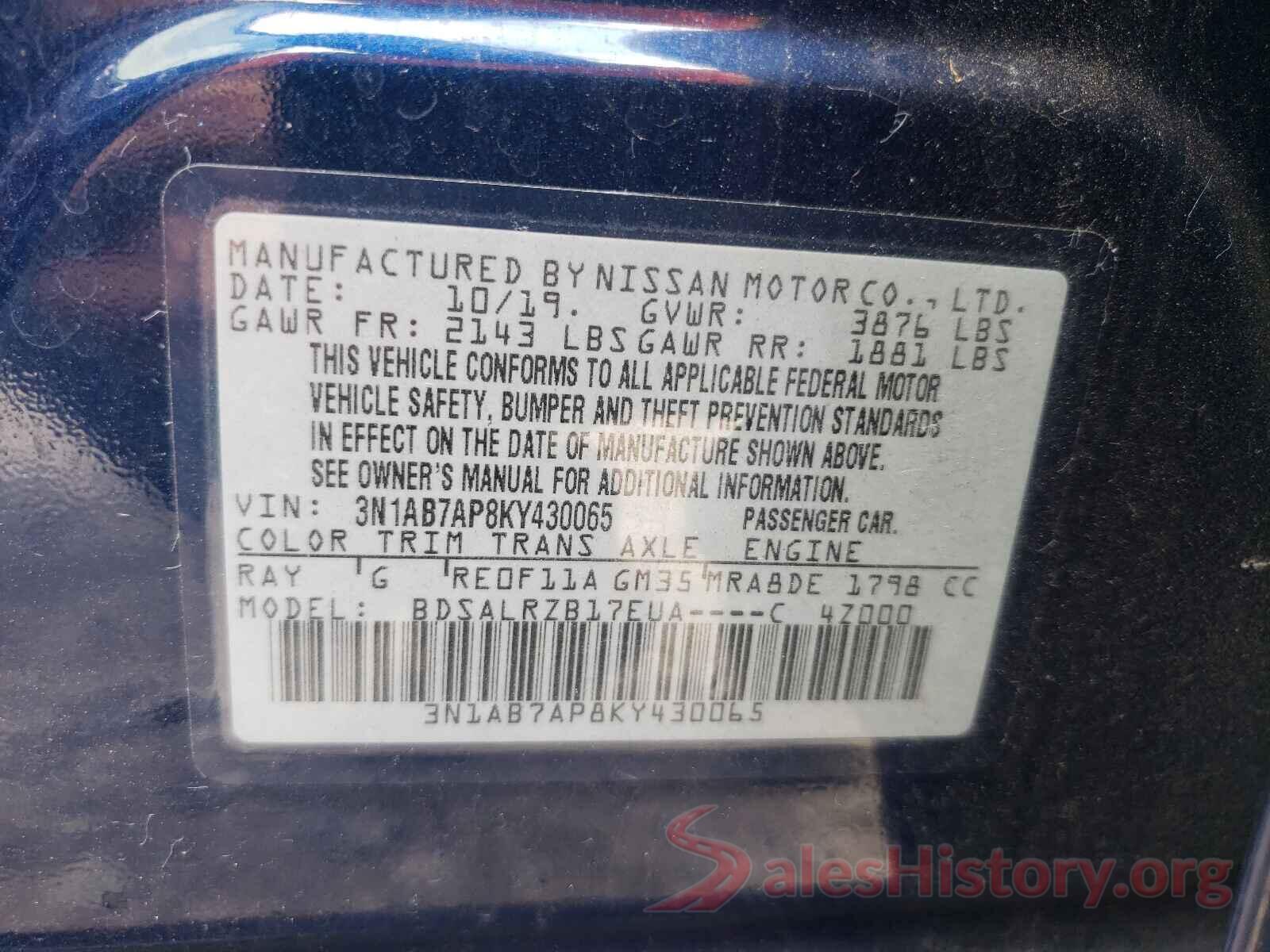 3N1AB7AP8KY430065 2019 NISSAN SENTRA