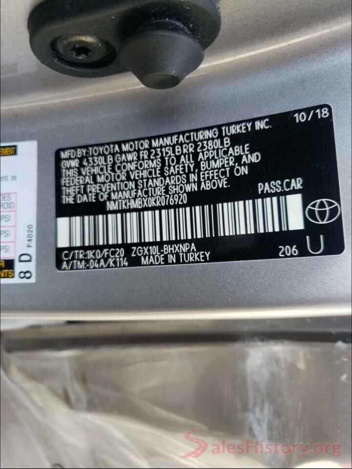 NMTKHMBX0KR076920 2019 TOYOTA C-HR