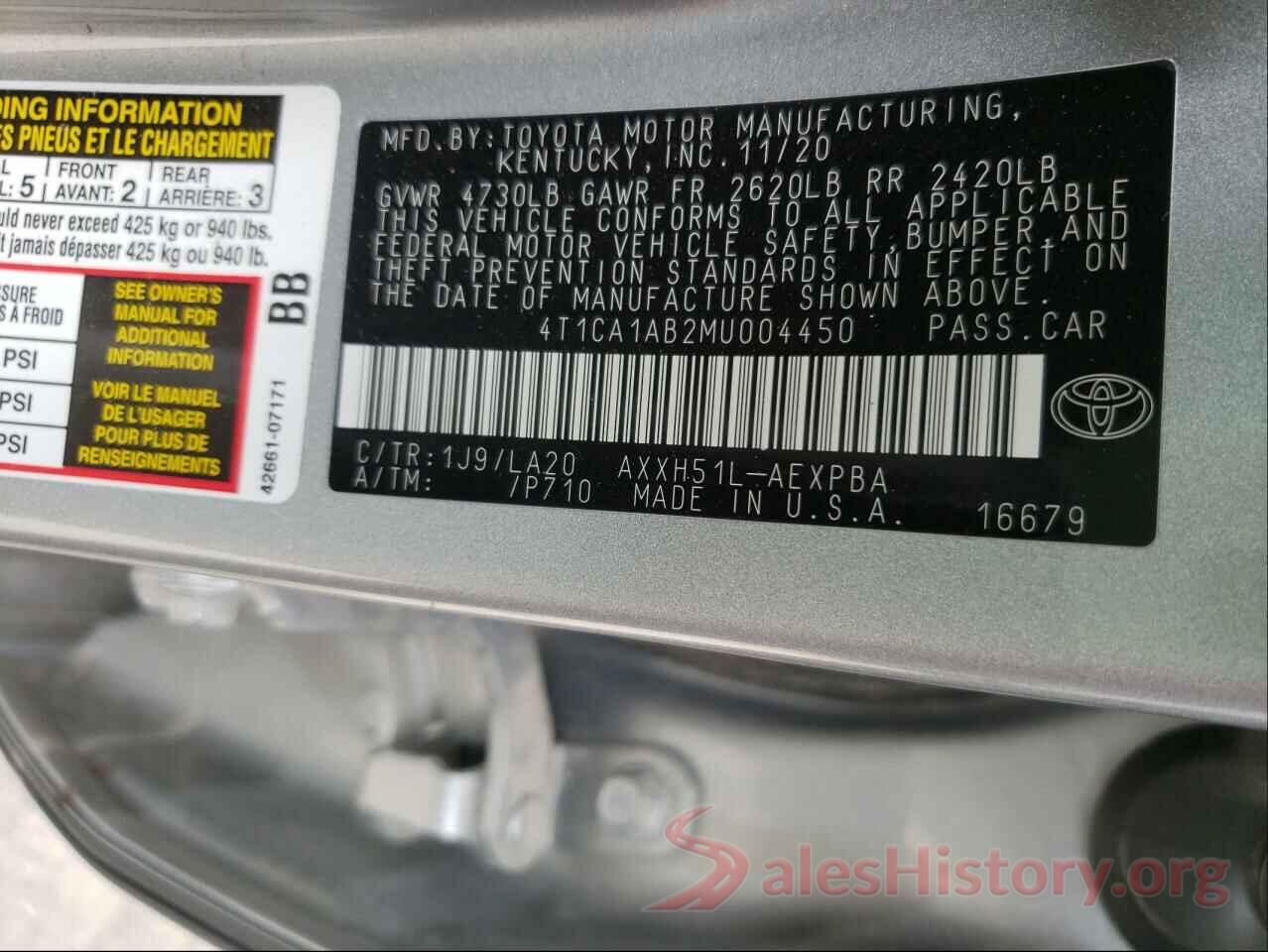 4T1CA1AB2MU004450 2021 TOYOTA AVALON