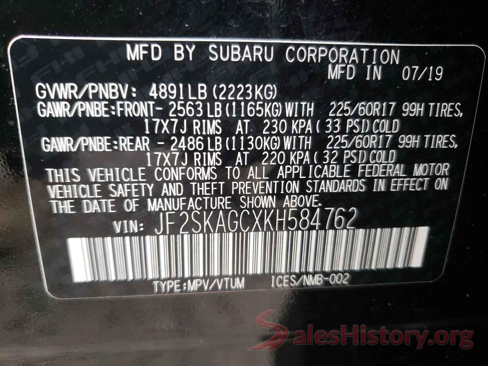 JF2SKAGCXKH584762 2019 SUBARU FORESTER