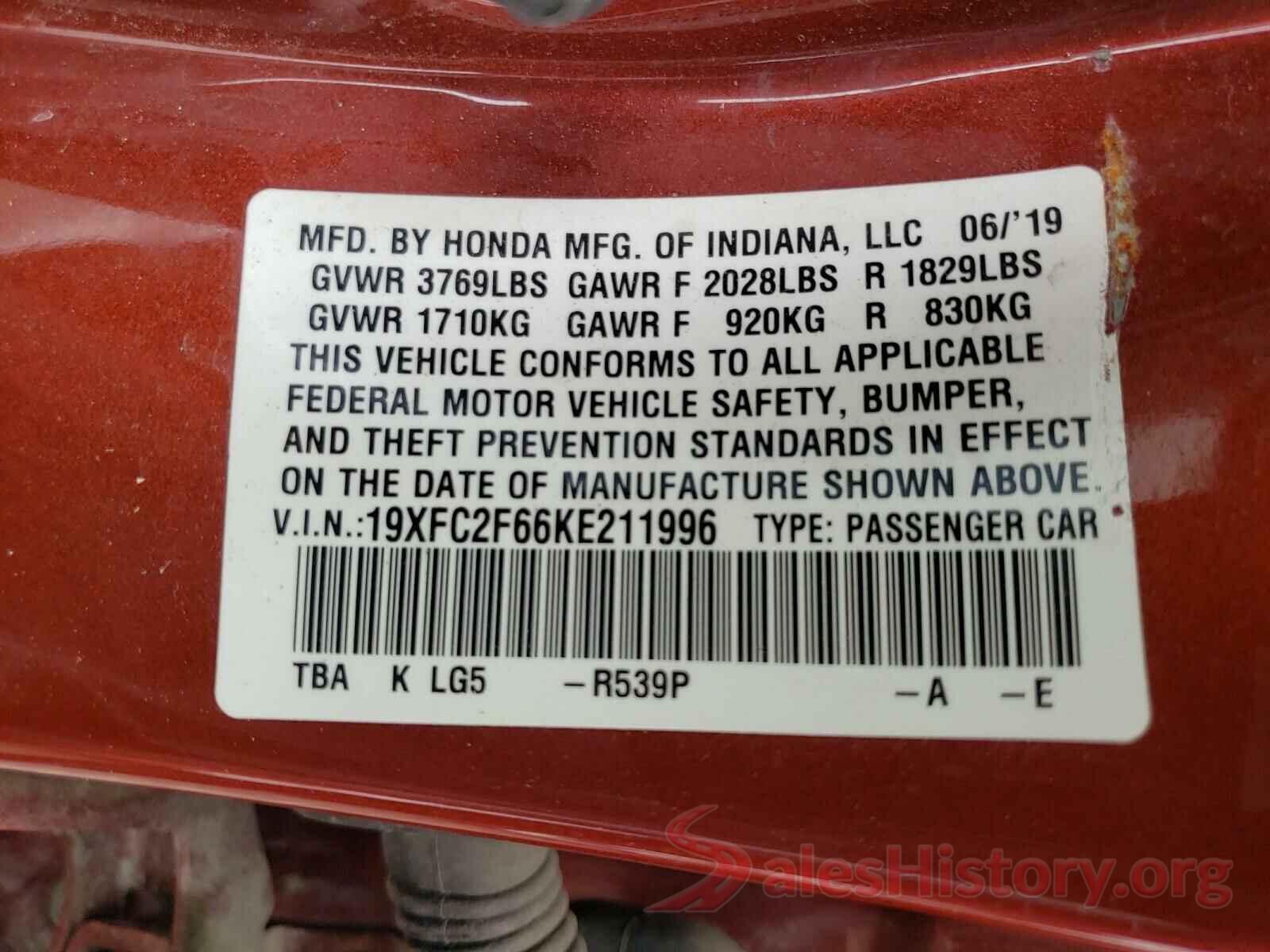 19XFC2F66KE211996 2019 HONDA CIVIC