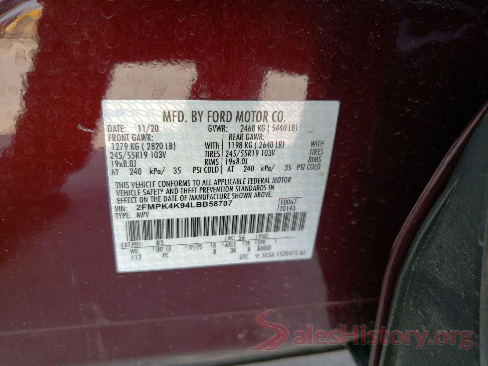 2FMPK4K94LBB58707 2020 FORD EDGE