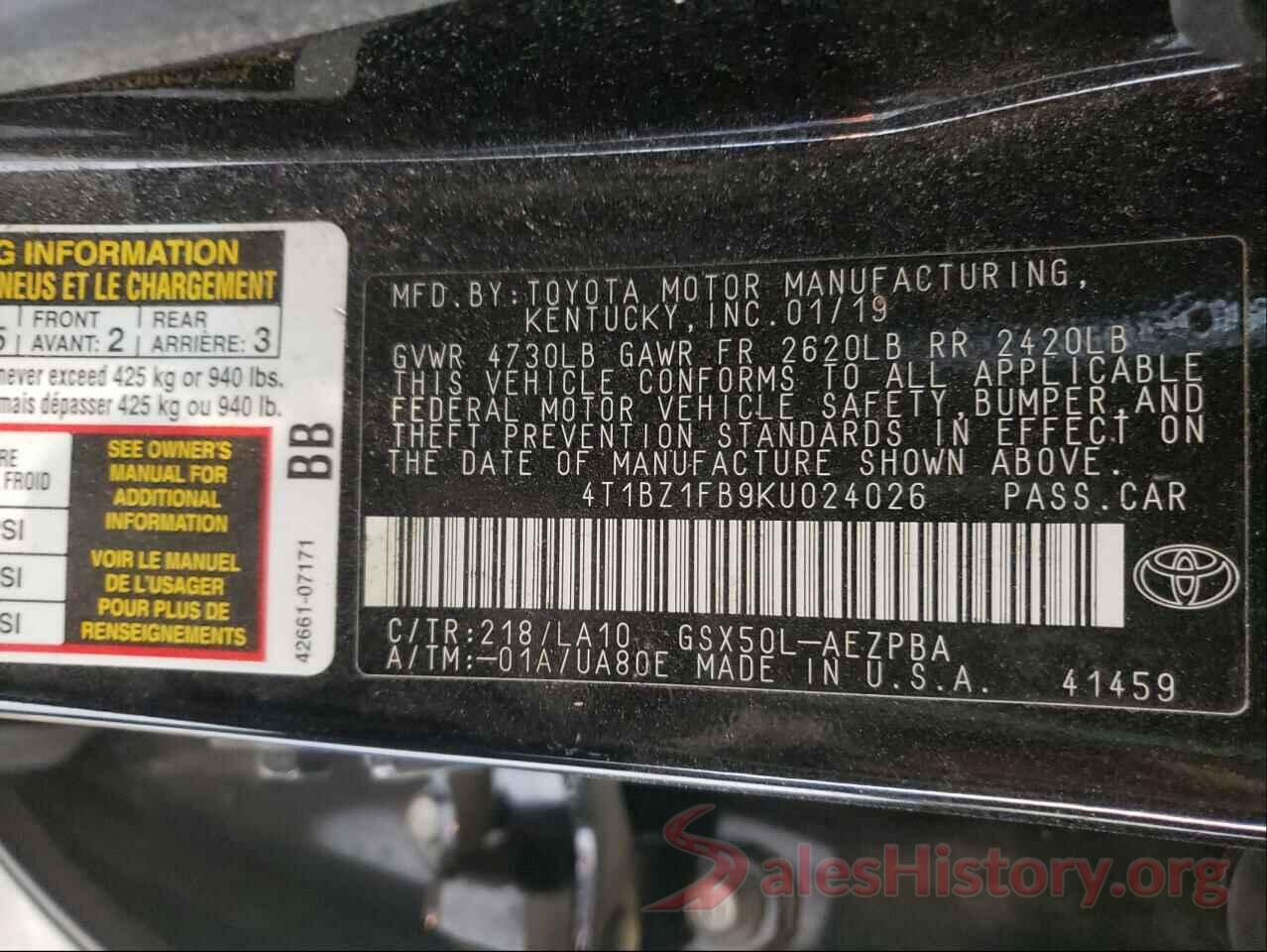 4T1BZ1FB9KU024026 2019 TOYOTA AVALON