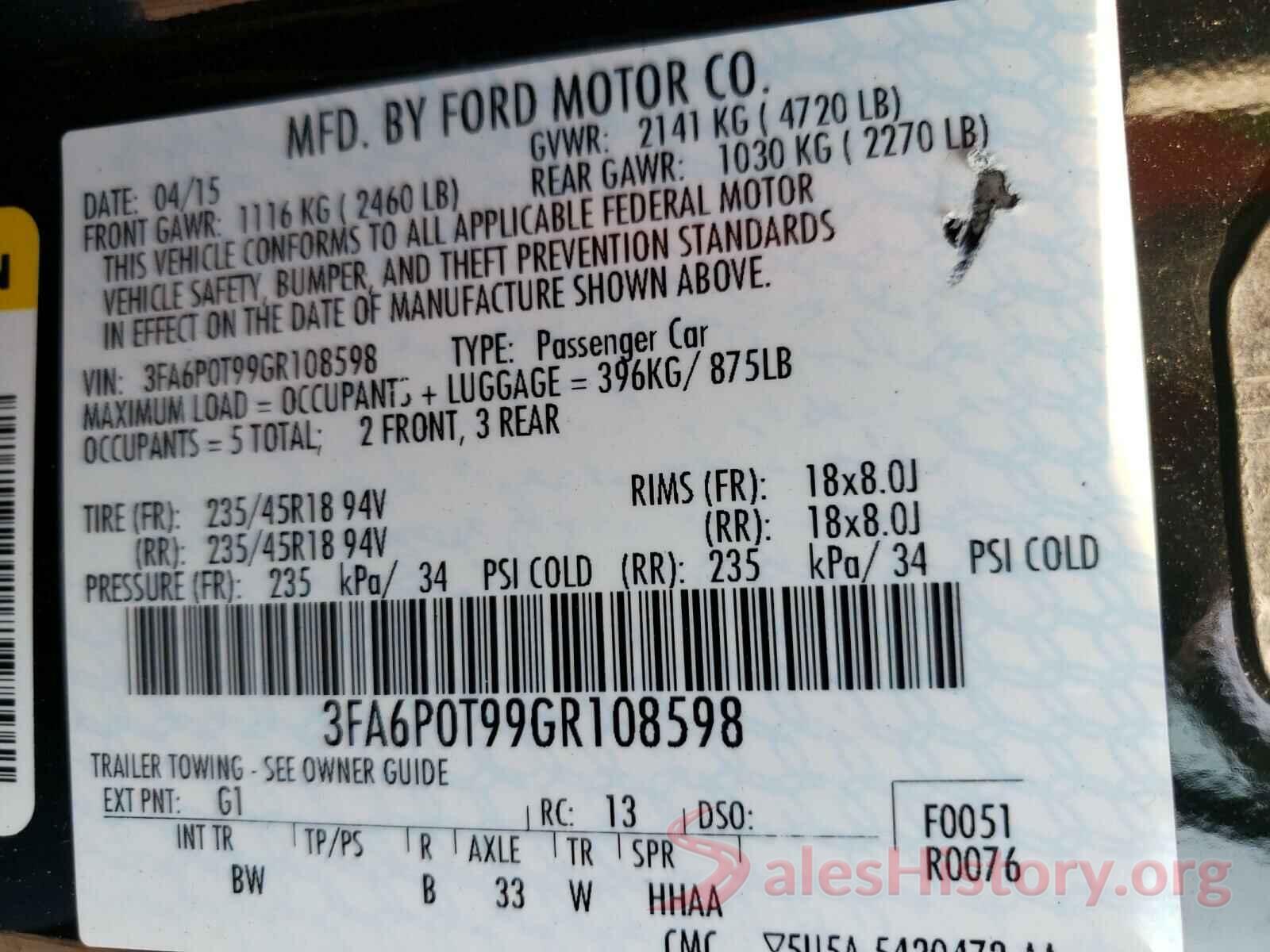 3FA6P0T99GR108598 2016 FORD FUSION