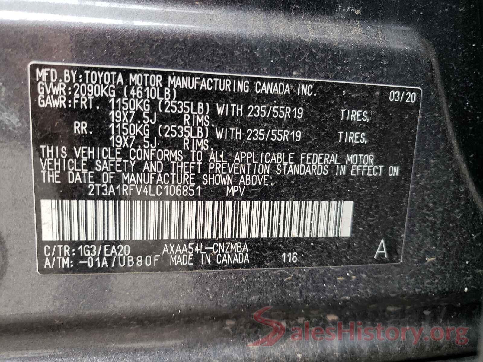 2T3A1RFV4LC106851 2020 TOYOTA RAV4